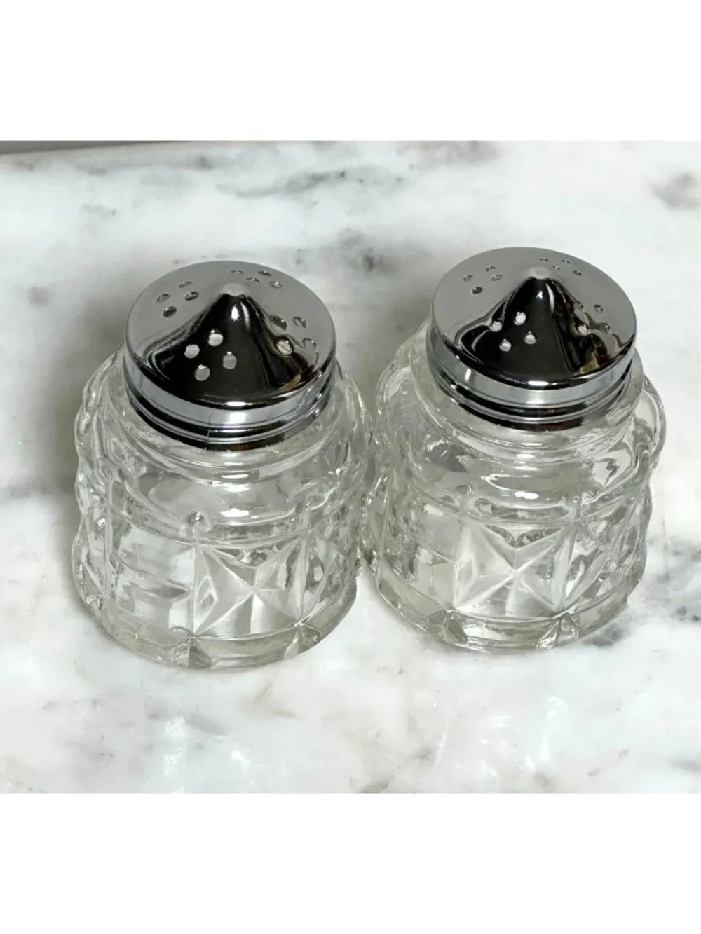Vintage Glass Salt & Pepper Shakers With Metal Lids Starburst Pattern 3 Inches